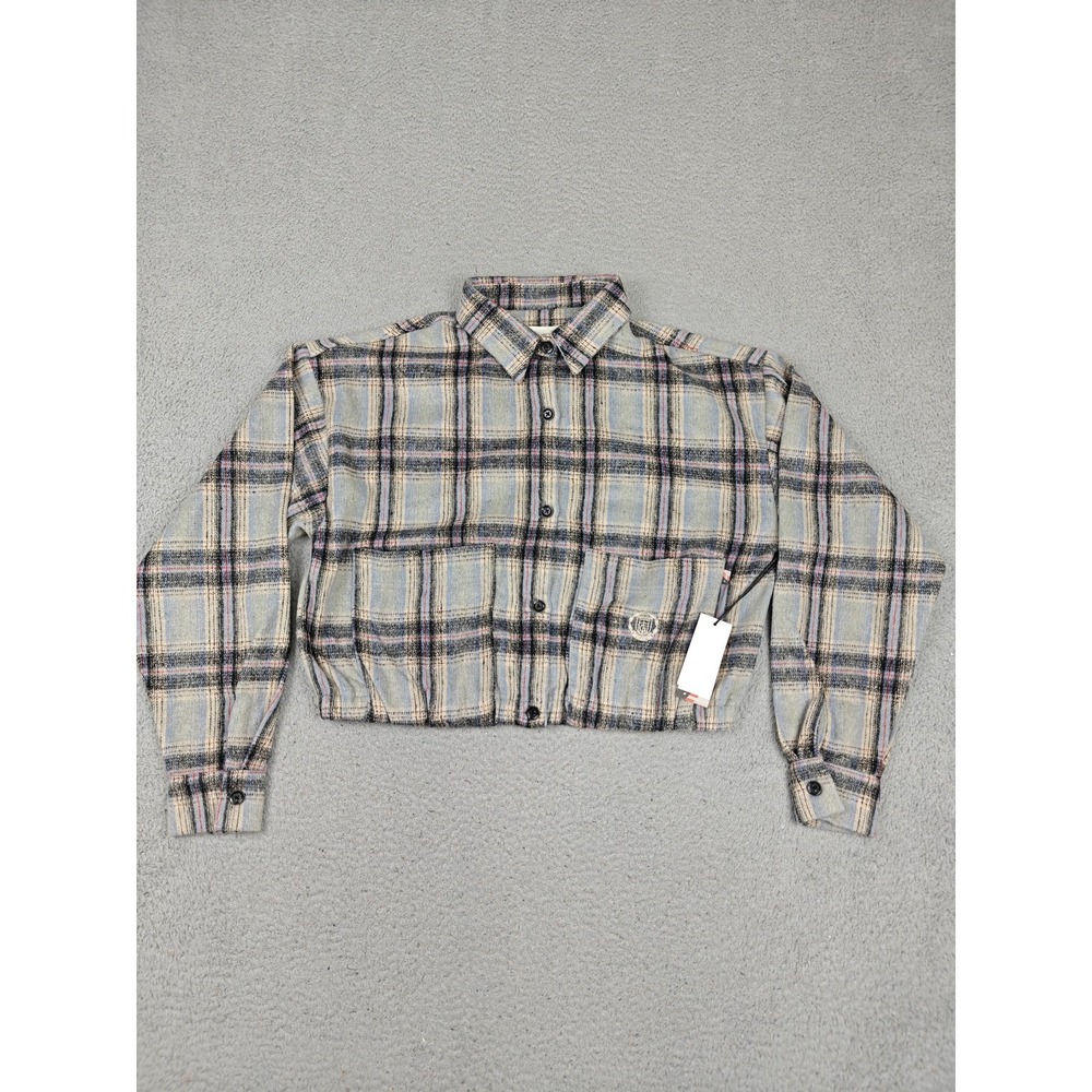 Honor The Gift Jacket Womens Large Blue Plaid Flannel Crop Short Bomber New